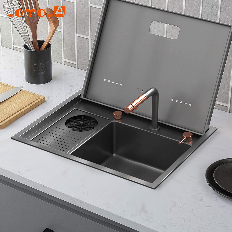 Nanometer Hidden Bar kitchen Sink SUS 304 Stainless Steel Flip Cover Handmade Sinks With Cup Rinser