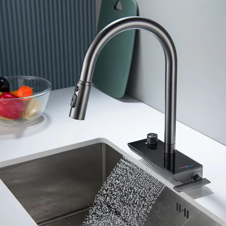 Modern Stainless Steel taps Brushed Deck Mounted Pull Out Kitchen sink Faucet with Raindance Waterfall Outlet