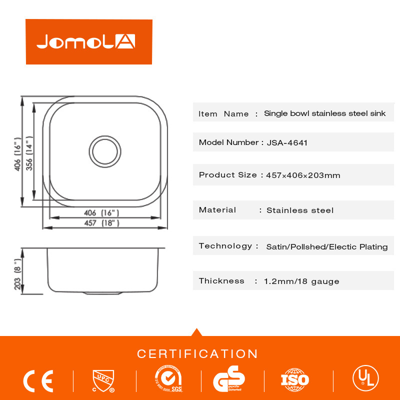UPC 16 gauge 304 stainless steel single bowl kitchen handmade basin sink with accessories