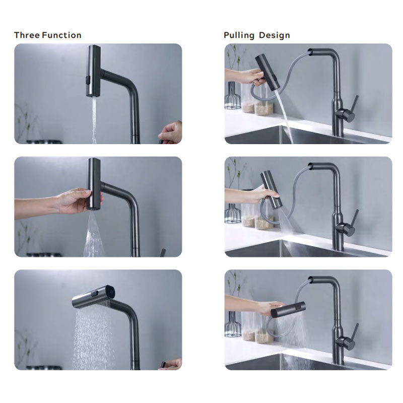 2023 New Design Grey Rainfall Waterfall Tap Stainless Steel 304 Kitchen Sink Faucets with Pull Out Spray Mixer Rain Sprayer