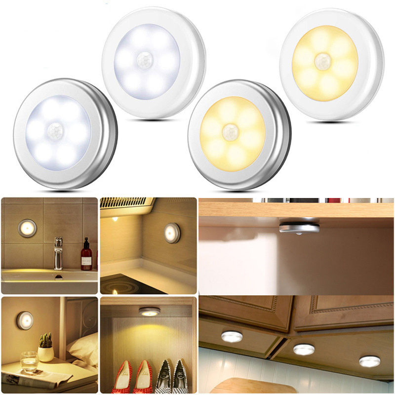 Smart Wireless Round Motion Sensor LED Night Light Battery Powered Cabinet Night Lamp Bedside Lights For  Closet Lighting