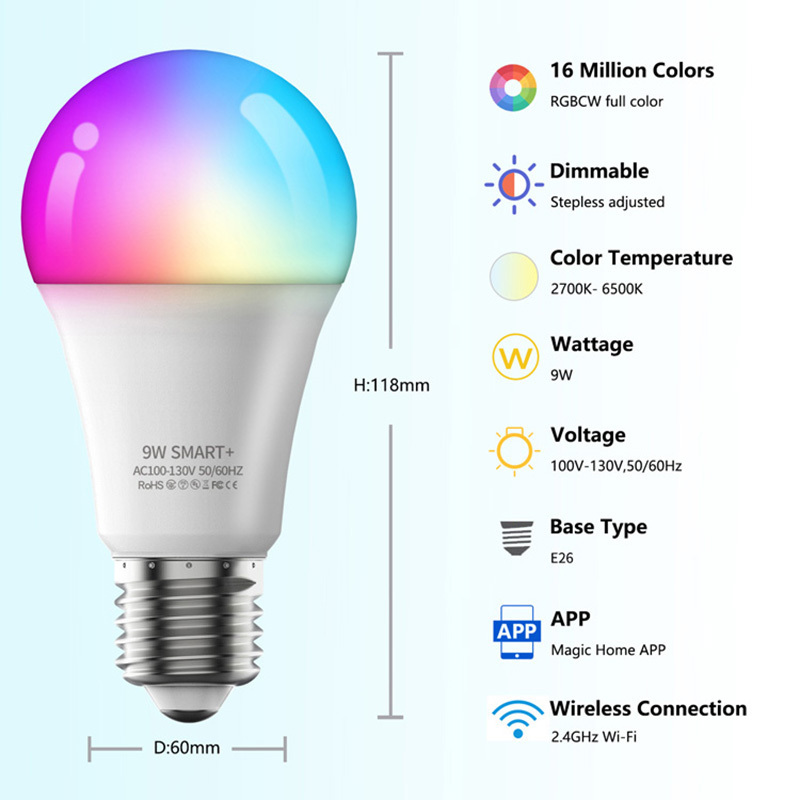 Led Wifi Alexa Smart Led Light Bulb Google Tuya Rgb Smart Life App Wifi Light 9W Lamp E26  Home Smart Light