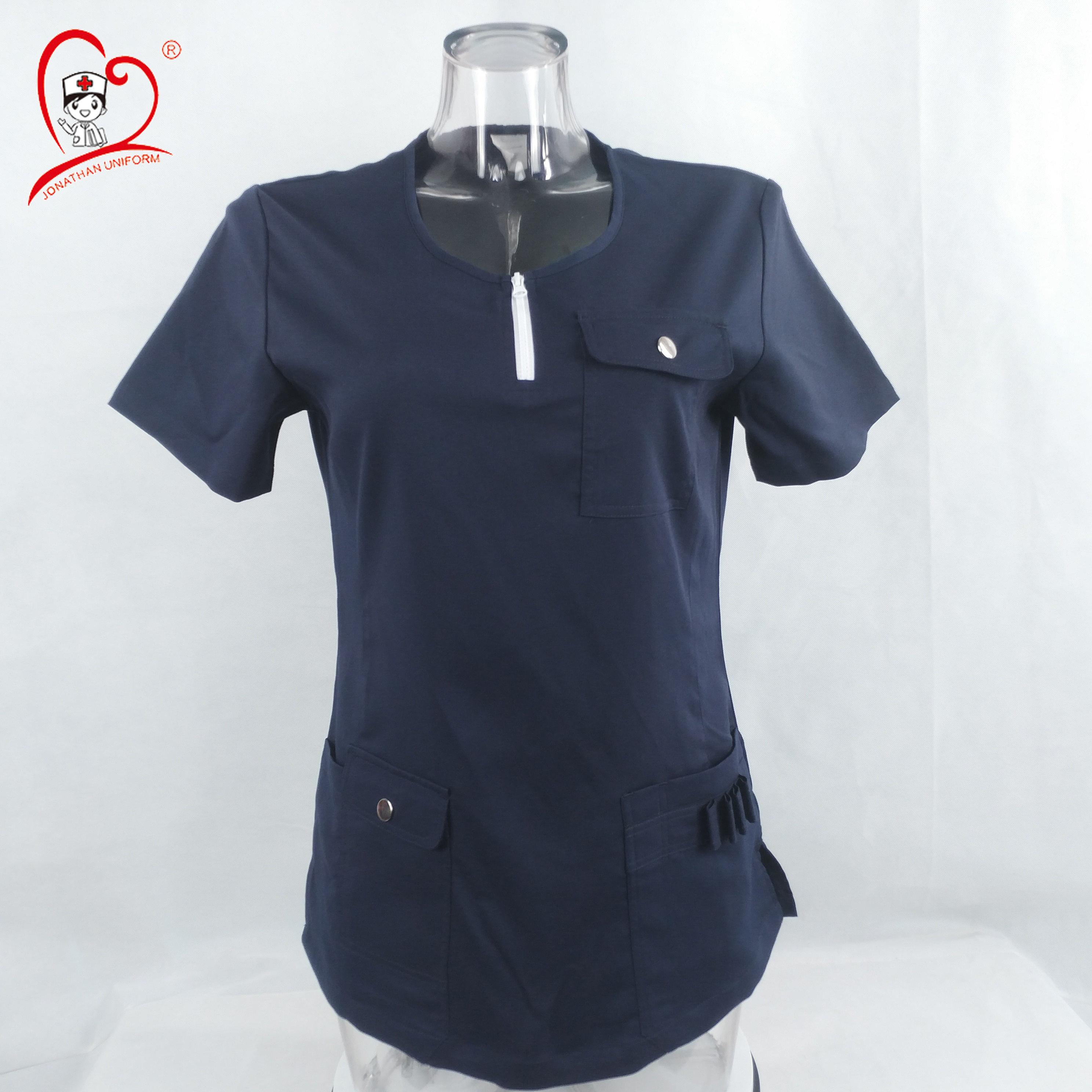 Short Sleeve Stylish Women Uniform Yoke Neck With Zipper Clinic Scrub Top For Nurse