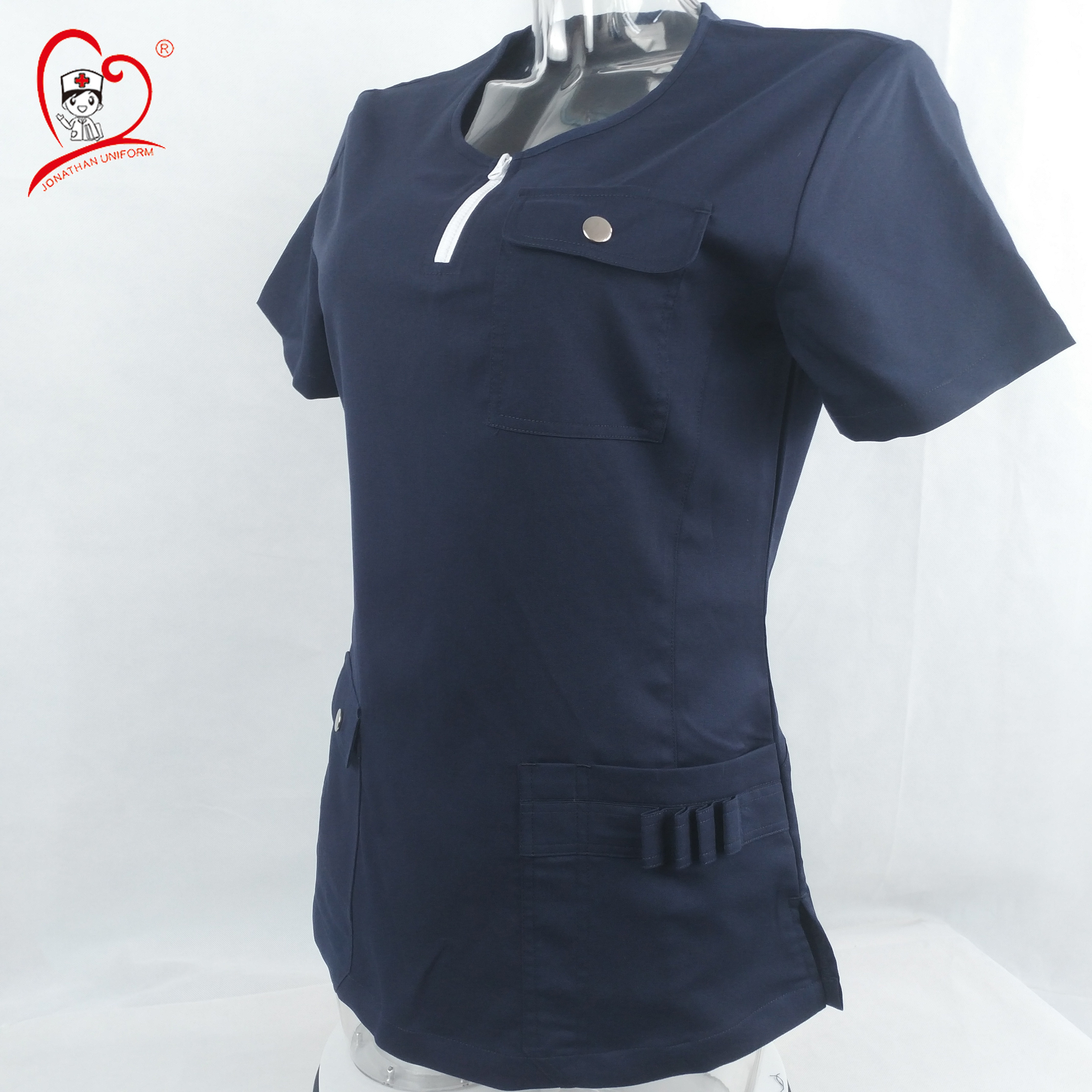 Short Sleeve Stylish Women Uniform Yoke Neck With Zipper Clinic Scrub Top For Nurse