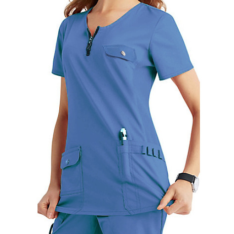 Short Sleeve Stylish Women Uniform Yoke Neck With Zipper Clinic Scrub Top For Nurse