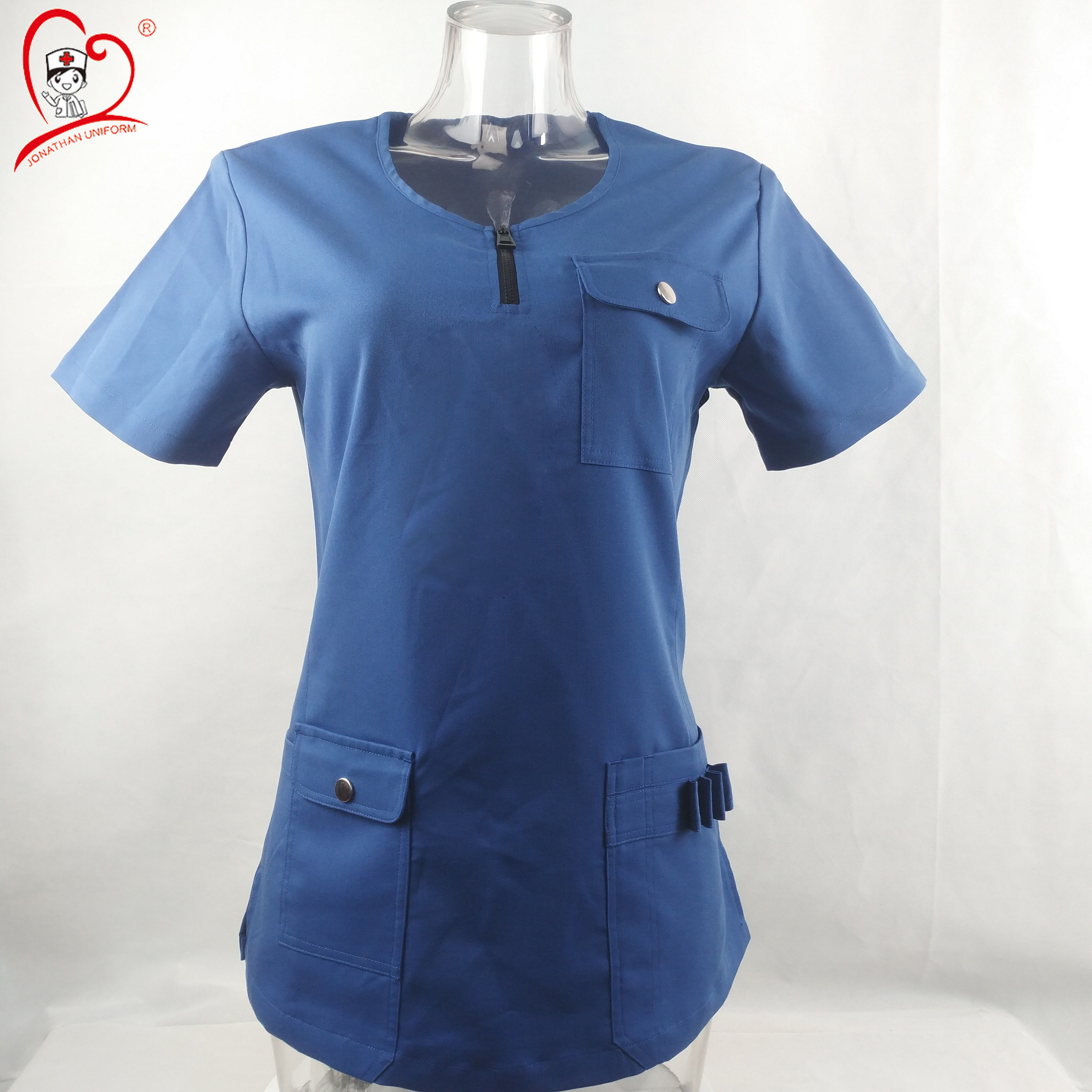 Short Sleeve Stylish Women Uniform Yoke Neck With Zipper Clinic Scrub Top For Nurse