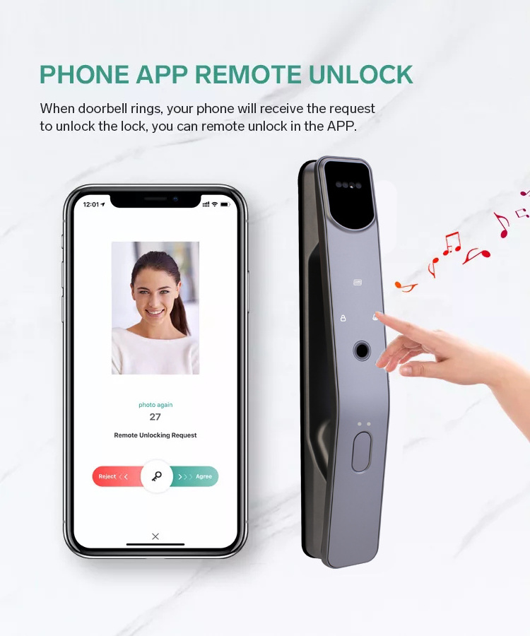 Face recognition smart door lock with camera, picture capture wifi Tuya App remote control, fingerprint, facial, password, card