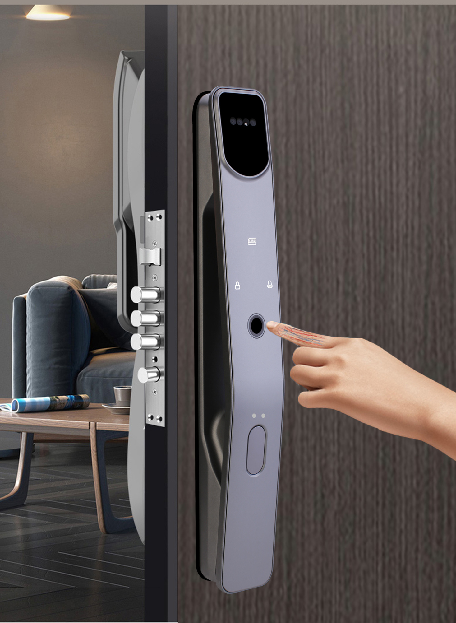 Face recognition smart door lock with camera, picture capture wifi Tuya App remote control, fingerprint, facial, password, card