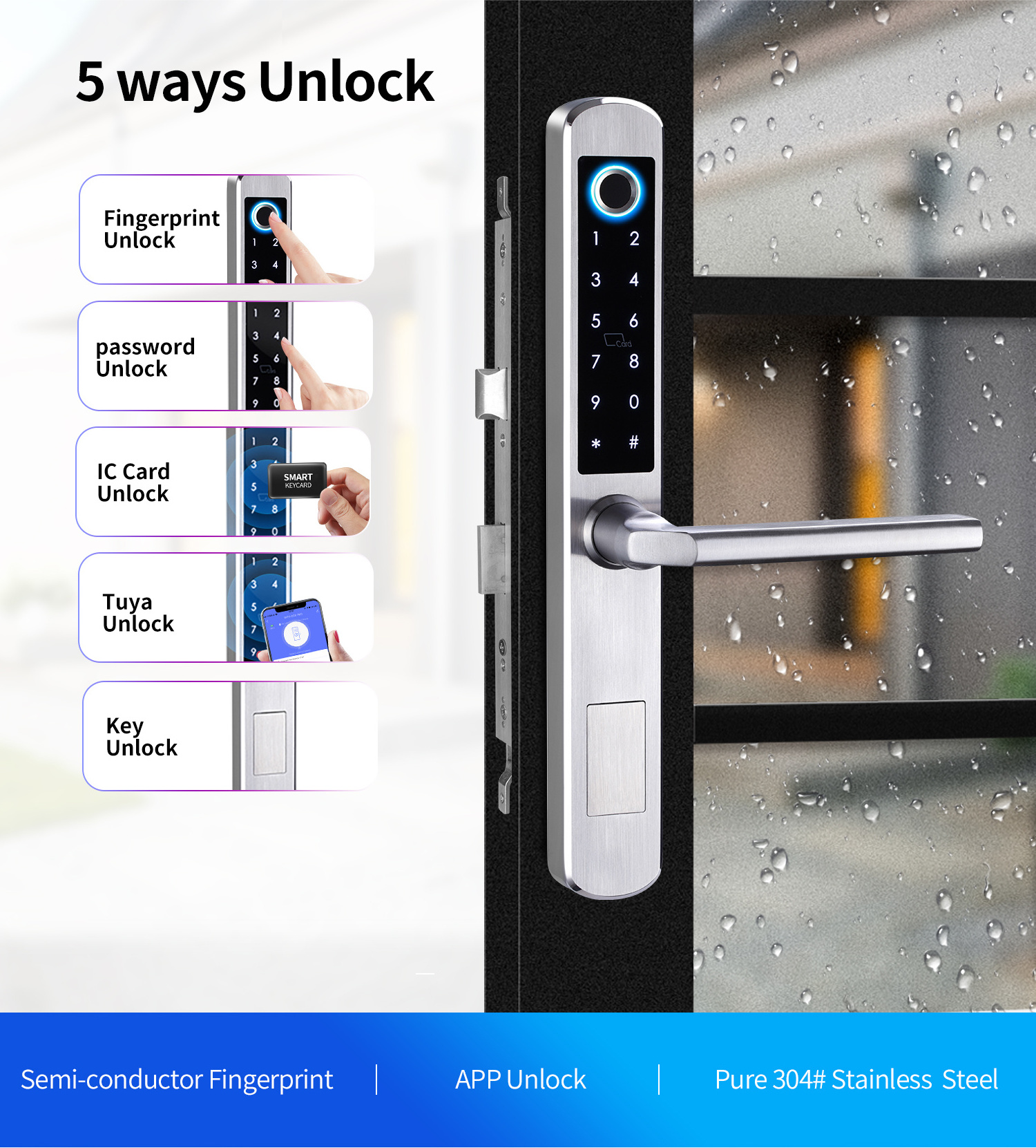 Waterproof Smart electronic Fingerprint door Lock with 304 Stainless Steel with Europe mortise lock for slim thin door