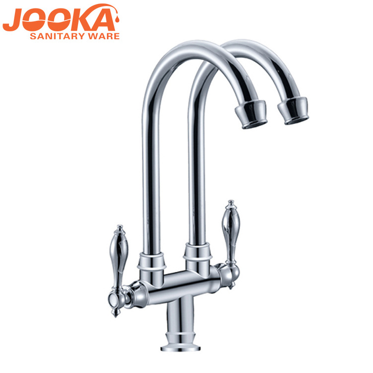 Double outlet pipes long pillar neck taps dual handles flexible kitchen sink faucet