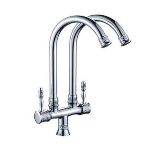 Double outlet pipes long pillar neck taps dual handles flexible kitchen sink faucet