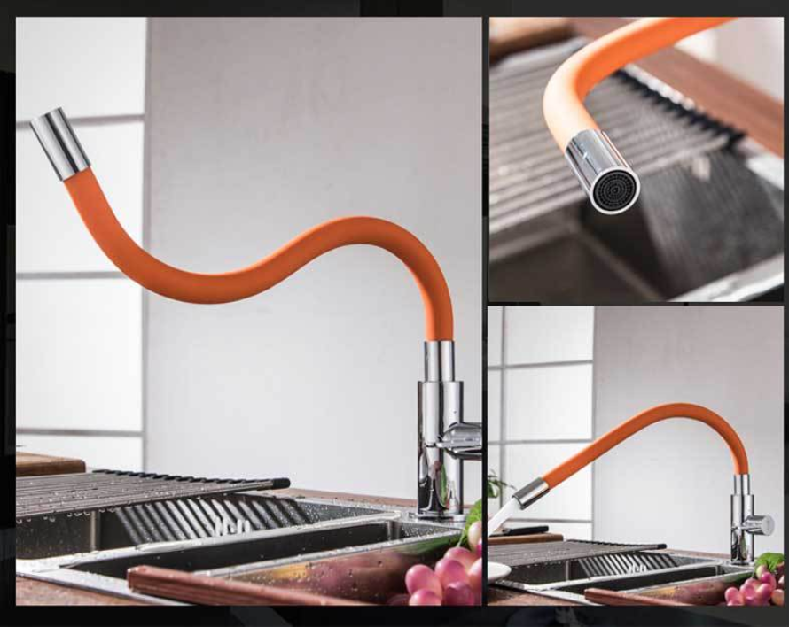 Deck Mounted Single Handle Orange Flexible Hose Kitchen Sink  Faucet