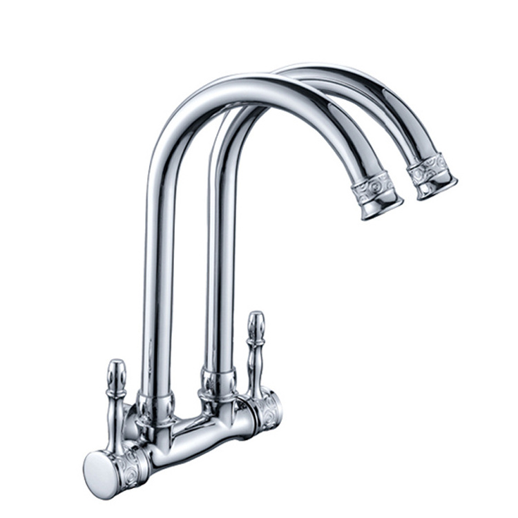 Double outlet pipes long pillar neck taps dual handles flexible kitchen sink faucet