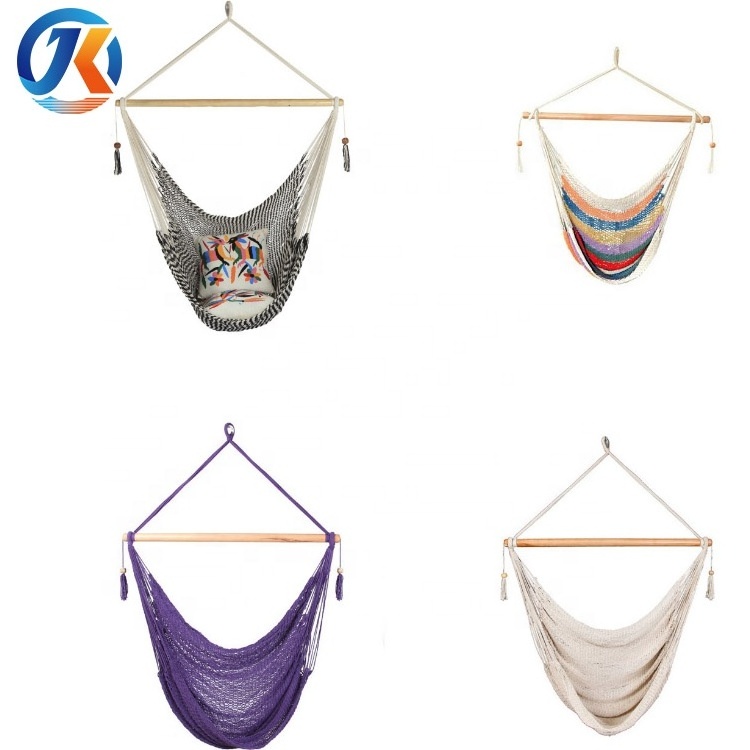 Hot Sale Indoor & Outdoor Cotton Rope Net Swing Hanging Chair Hammock Chair With Wood Stretcher