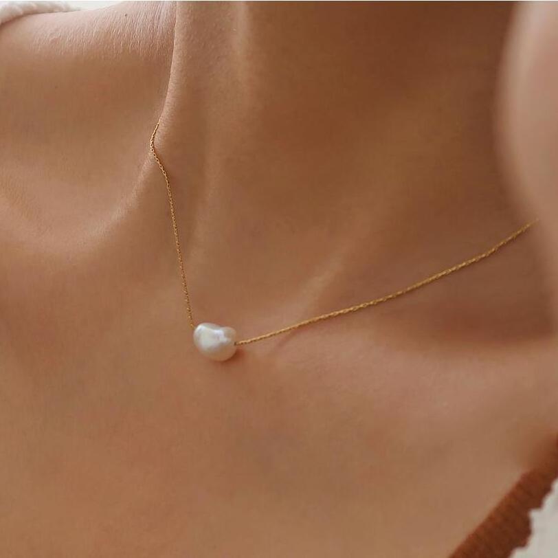 Joolim Jewelry 18K Gold Plated Fresh Water Pearl Dainty Chain Necklace Stainless Steel Fashion Jewelry Wholesale