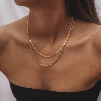 18K PVD Gold Plated Herringbone Rope Chain Layered Necklace Stainless Steel Necklace Tarnish Free & Waterproof Jewelry