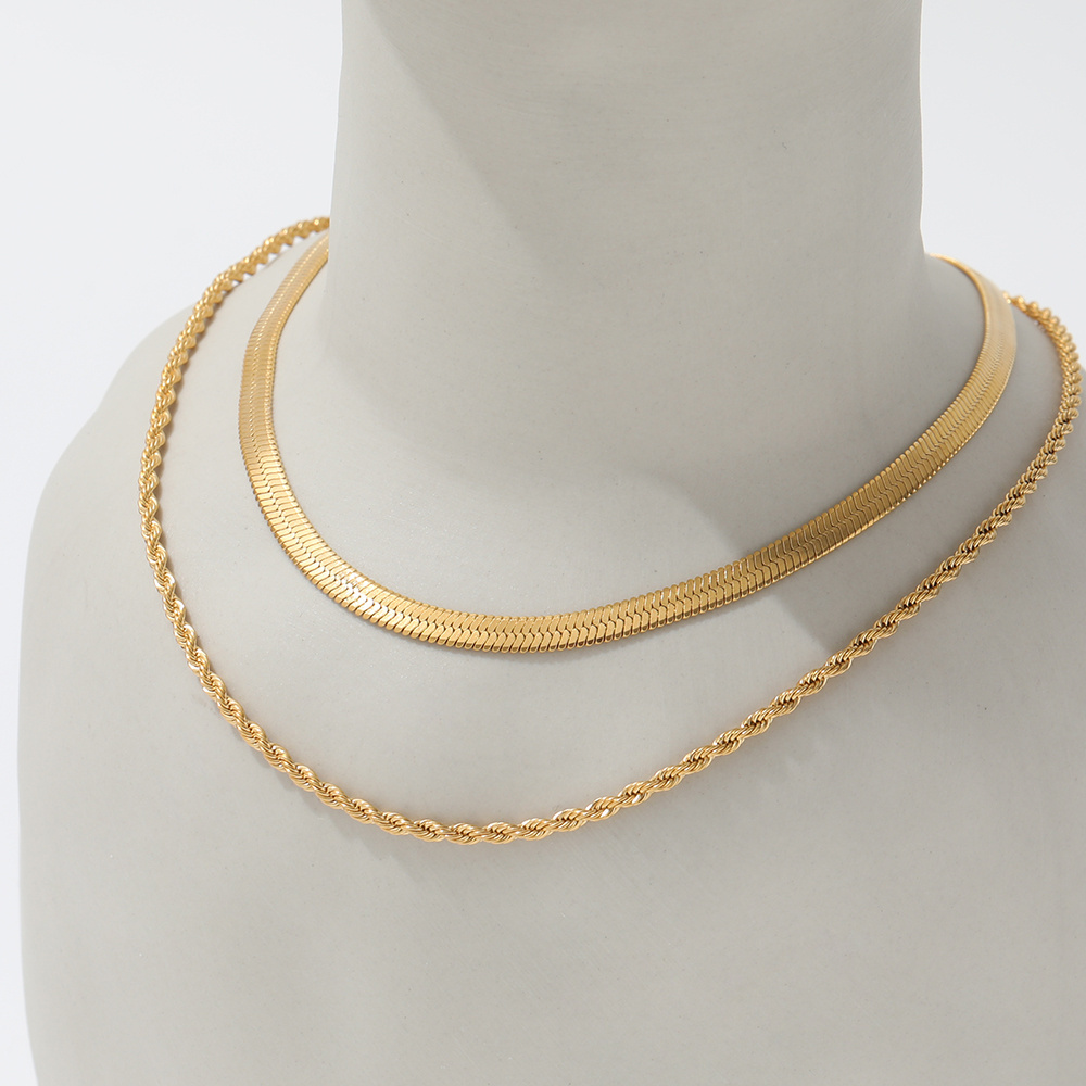 18K PVD Gold Plated Herringbone Rope Chain Layered Necklace Stainless Steel Necklace Tarnish Free & Waterproof Jewelry