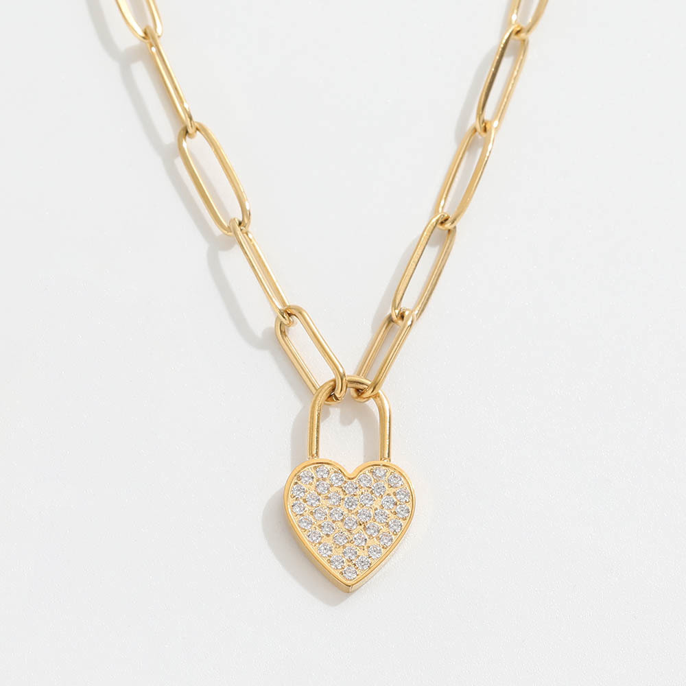 PVD 18K Gold Plated Zirconia Pave Heart Stainless Steel Pendant Necklace Luxury Party Necklace