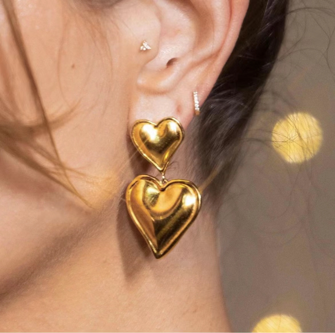 Trendy Lightweight  18K Gold Plated  Tarnish Free Hollow Double Big Chunky Heart High Quality Stainless Steel Hoop Earrings