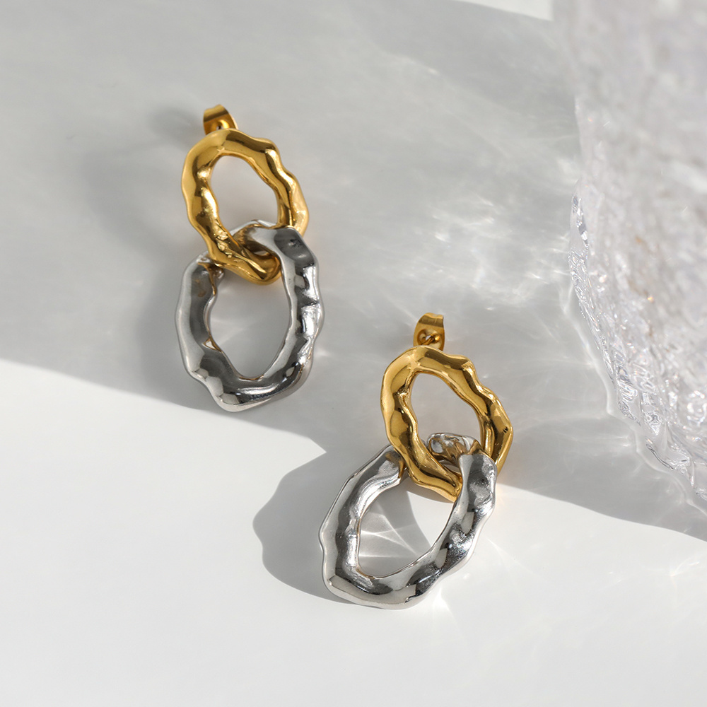 New Trendy Earring High Quality 18K Gold Plated Chunky Mixer Gold & Silver Chunky Stainless Steel Dangle Hoop Earring