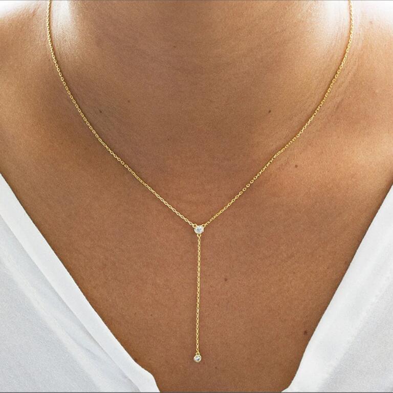 Joolim Jewelry Necklace 18K Gold Plated Dainty Dainty Cubic Zirconia Y  Stainless Steel Bezel Lariat  Necklaces