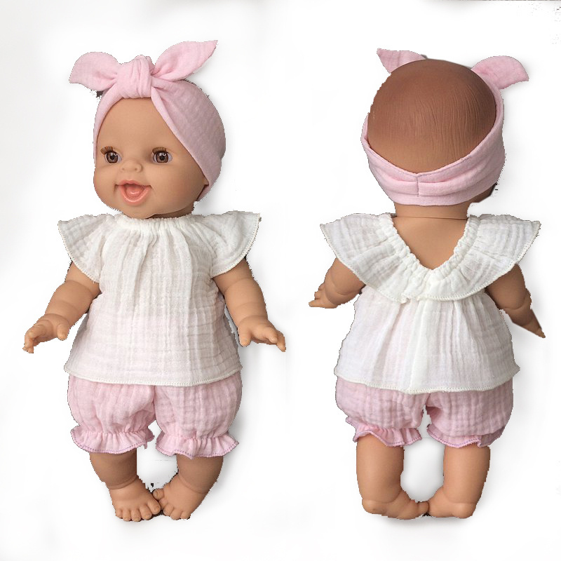 Baby soft muslin toy wholesale custom 14 inch miniland fashion doll clothes set 13 inch gauze muslim dress pant and headband for