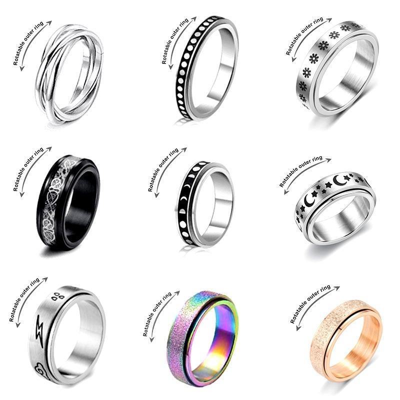 Wholesale Stainless Steel Rotatable Ring Anxiety Planet Moon Star Lightning Spinner Rings for women