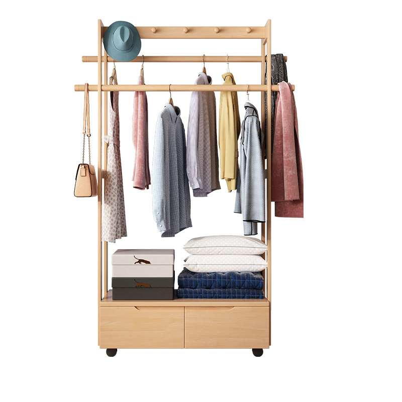 Natural Wooden Home Furniture All Solid Wood Coat Clothes Hanging Rack With Wheels And 2 Drawers