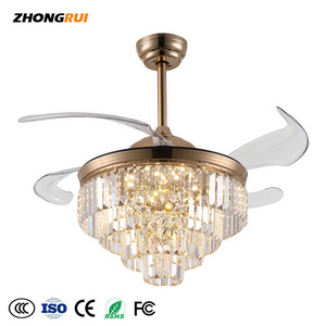 42" Modern Crystal Ceiling Fan Dimmable Fandeliers with led Lights Retractable Chandelier Ceiling Fan for Living Room Bedroom