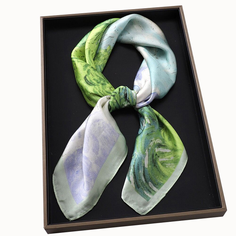 Popular Wholesale High Quality Custom logo  digital Print Satin Ladies  Square  hair Silk Scarf for women