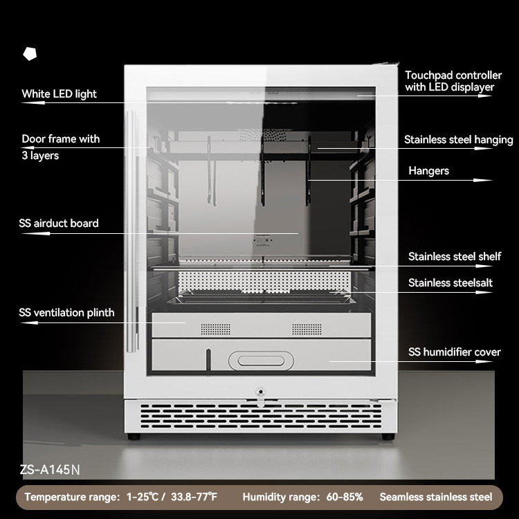 Glass Wine Storage Dry Ager Meat Refrigerator Salami Curing Cabinet Steak Ager Temperature Controlled Storage