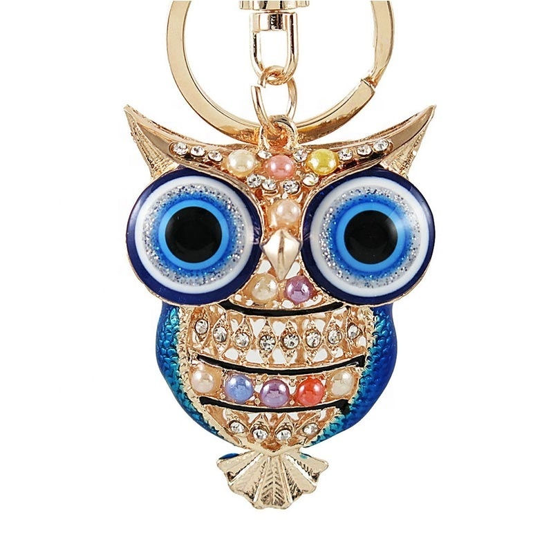 cartoon evil owl bird Keyring Cute Keychain Rhinestone opal Evil funny big Eye owl bird Pendant  Keychain