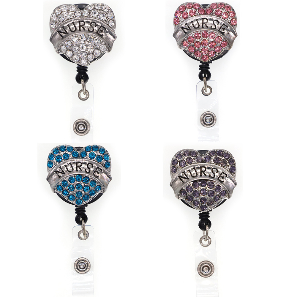 Rhinestone Heart Shape NURSE Medical Retractable Yoyo Name ID Card Badge Reel With Alligator Clip