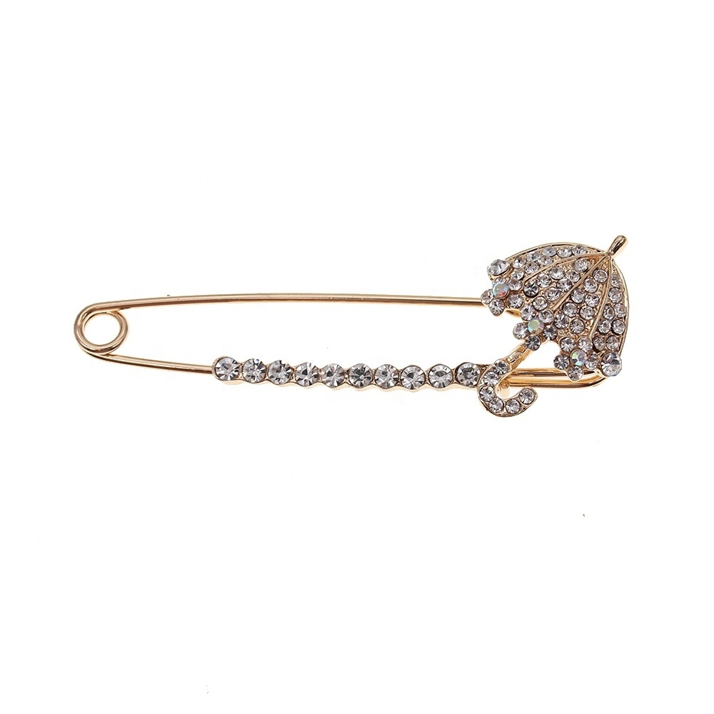 8 CM Light Gold  Plating Alloy Rhinestone Brooches Crystal Umbrella Shape Hijab Scarf Pins Without Loops For Baby