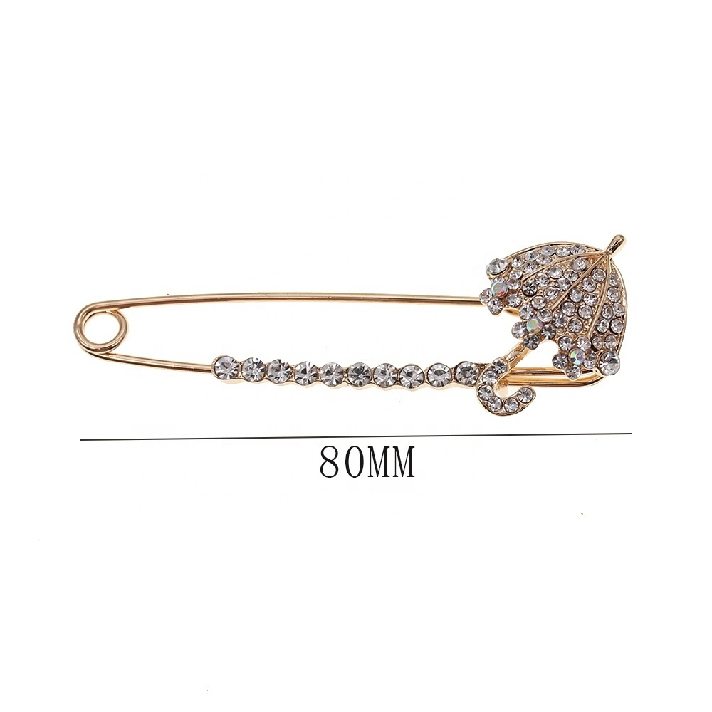 8 CM Light Gold  Plating Alloy Rhinestone Brooches Crystal Umbrella Shape Hijab Scarf Pins Without Loops For Baby