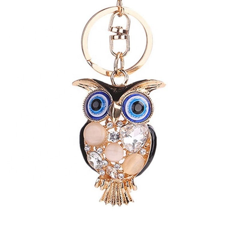 cartoon evil owl bird Keyring Cute Keychain Rhinestone opal Evil funny big Eye owl bird Pendant  Keychain