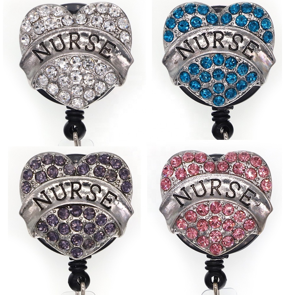 Rhinestone Heart Shape NURSE Medical Retractable Yoyo Name ID Card Badge Reel With Alligator Clip