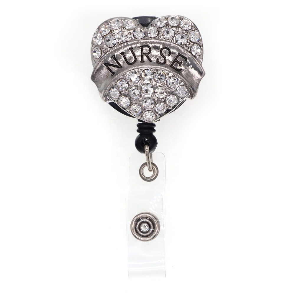 Rhinestone Heart Shape NURSE Medical Retractable Yoyo Name ID Card Badge Reel With Alligator Clip