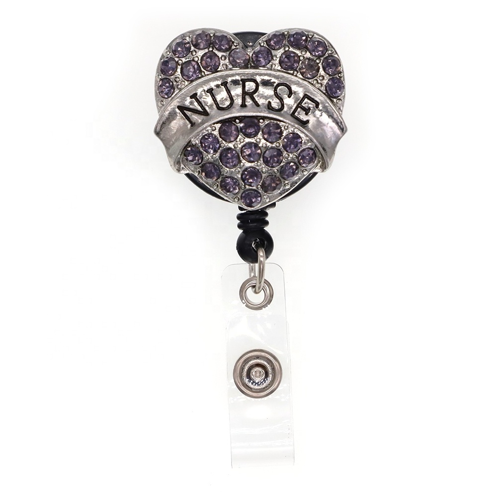 Rhinestone Heart Shape NURSE Medical Retractable Yoyo Name ID Card Badge Reel With Alligator Clip