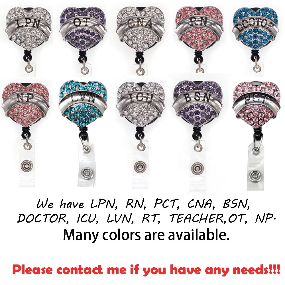 Rhinestone Heart Shape NURSE Medical Retractable Yoyo Name ID Card Badge Reel With Alligator Clip