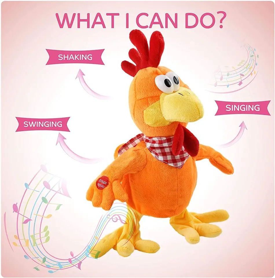 NEW Squawking Chicken Musical Stuffed Animal with a bib Walking Singing Waving Rooster Electronic Interactive Plush Toy Gift