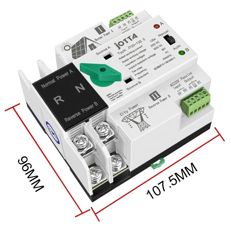 JOTTA ATS Single Phase Din Rail 2P 125A Dual Power Automatic Transfer Electrical Selector Switches For PV Solar Inverter