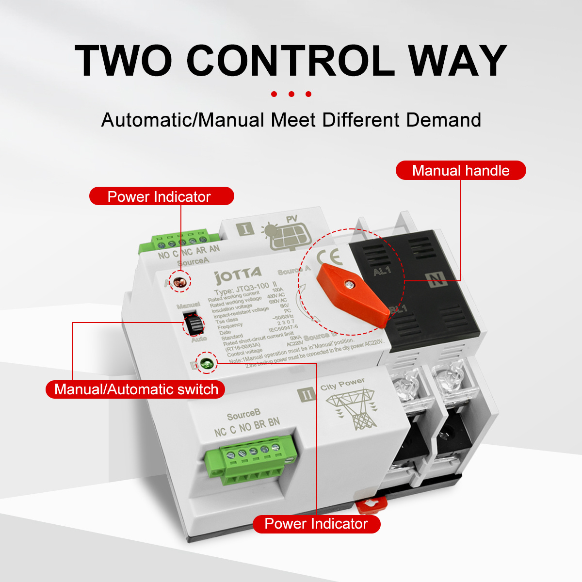 JOTTA PC Type Automatic Transfer Switch 2P 100A 220V PV ATS for Solar Photovoltaic Inverter  Din Rail Mounting