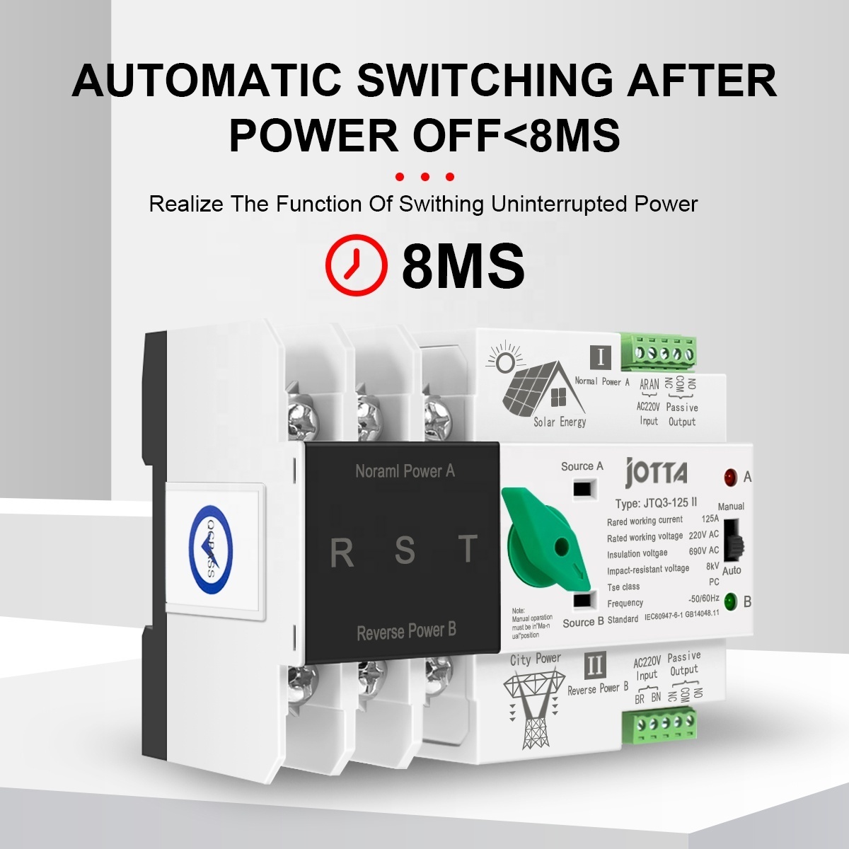 JOTTA ATS Single Phase Din Rail 2P 125A Dual Power Automatic Transfer Electrical Selector Switches For PV Solar Inverter