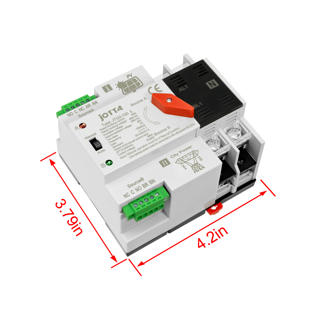 JOTTA PC Type Automatic Transfer Switch 2P 100A 220V PV ATS for Solar Photovoltaic Inverter  Din Rail Mounting