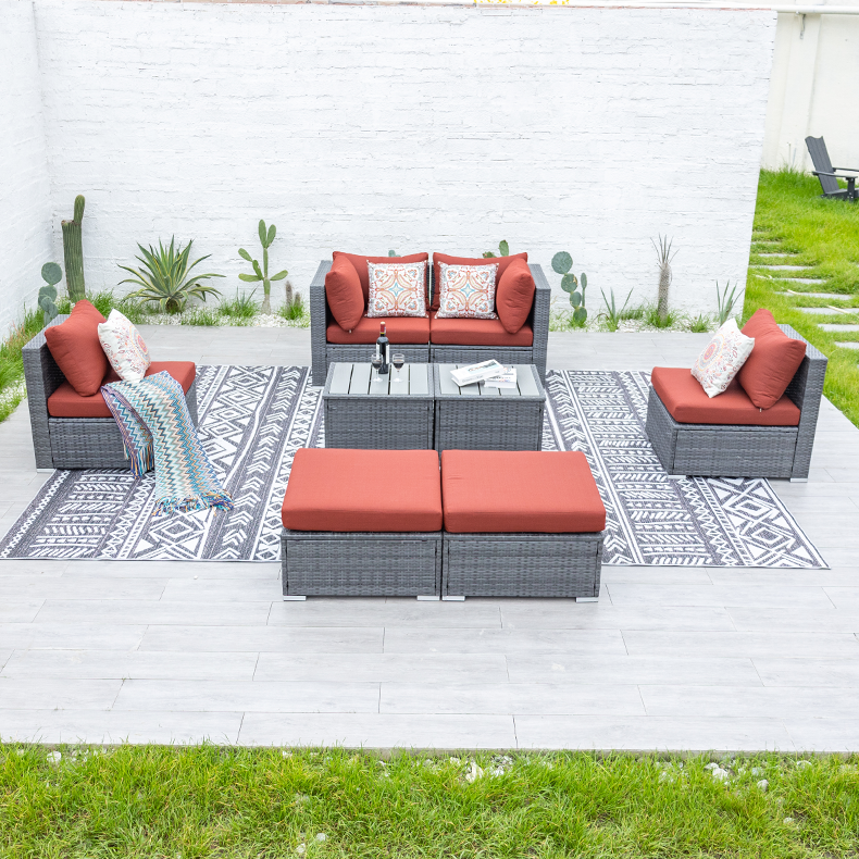 Outdoor Modern Wicker Cast Aluminum Sofa Set Rattan Cube Garden Furniture With Fire Pit