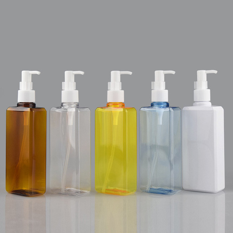 200ml 300ml Square shape amber blue yellow white cleansing oil bottle with black pump plastic shampoo bottles Liquid dispenser