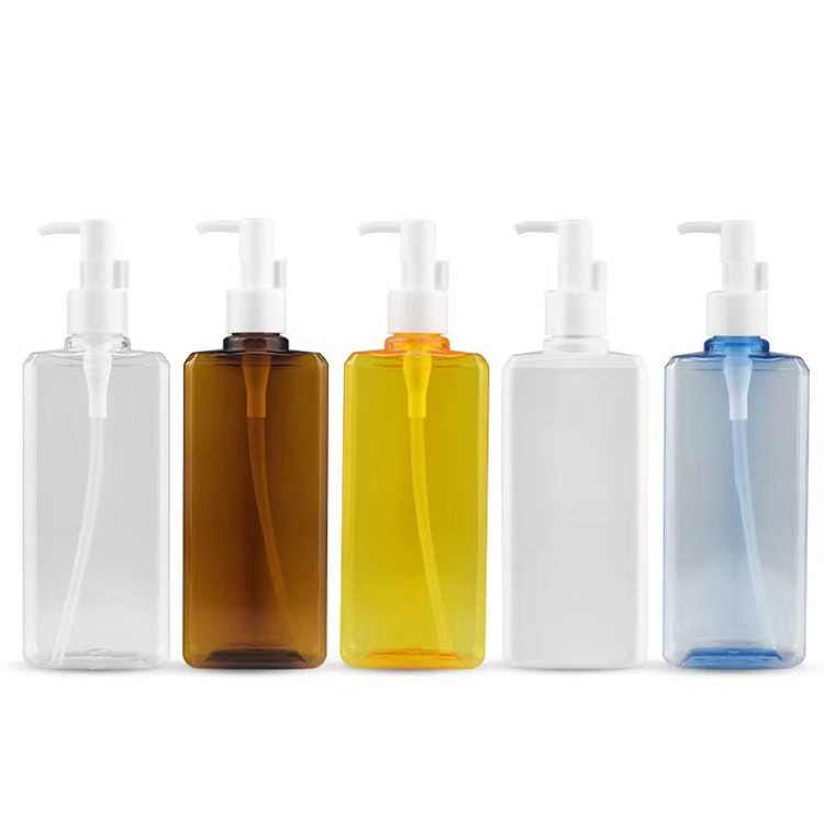 200ml 300ml Square shape amber blue yellow white cleansing oil bottle with black pump plastic shampoo bottles Liquid dispenser