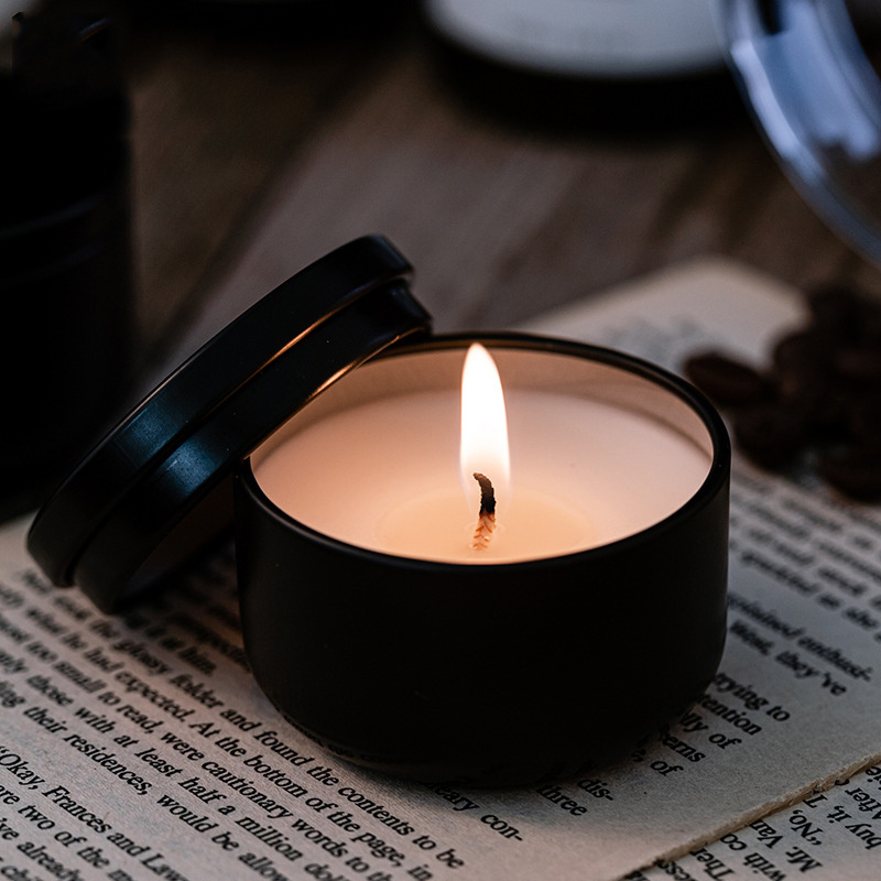 Promotional products 68g Travel Soy Wax Scented Candle Black iron Tin Mini Essential Oil Candle