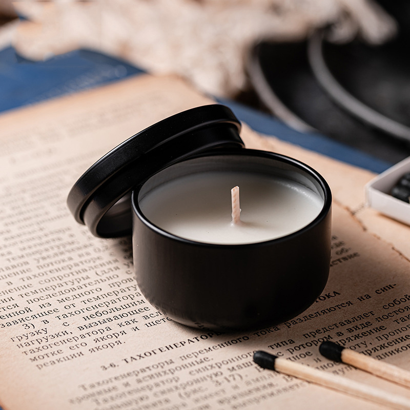 Promotional products 68g Travel Soy Wax Scented Candle Black iron Tin Mini Essential Oil Candle